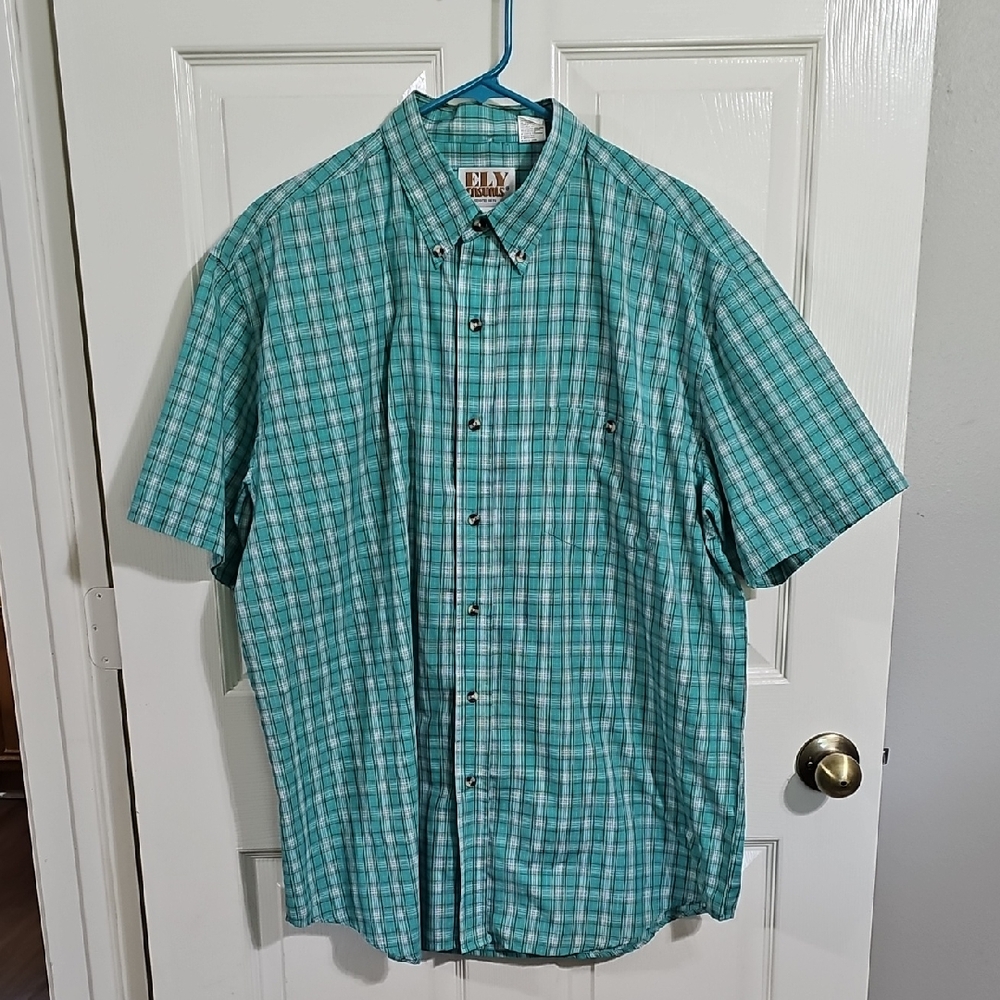 🎣 Ely Casuals XL Green/Teal Plaid Short Sleeve Button Down Shirt